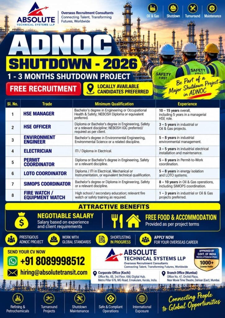 UAE Shutdown Jobs 2026 – HSE, Electrical and Safety Positions