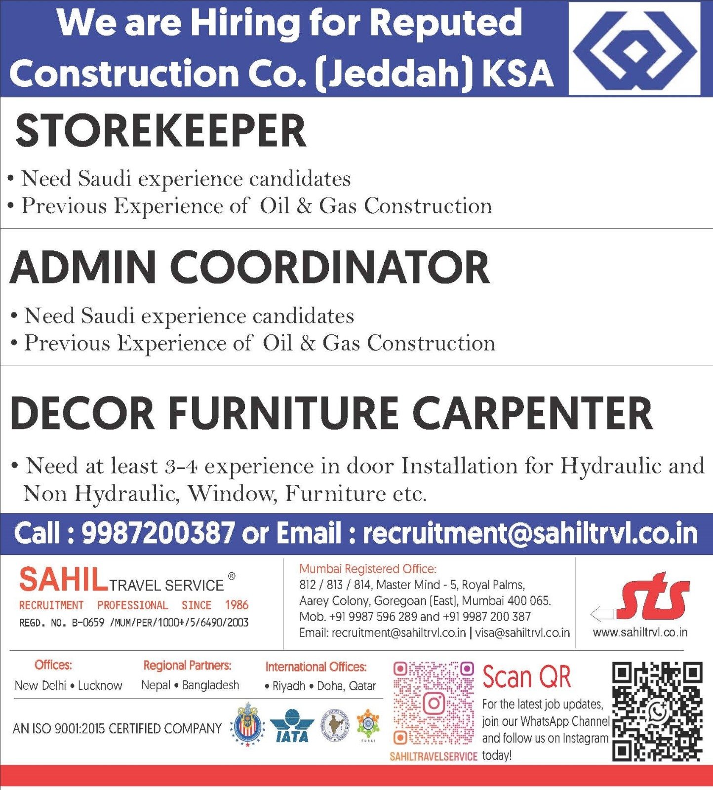 Hiring for Saudi Arabia  – Huge and Highly Reputed company in Dammam