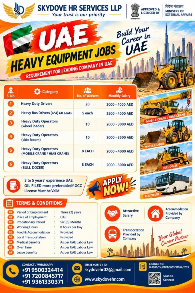 UAE Heavy Equipment Jobs 2026: Drivers and Operators Required for Leading Company