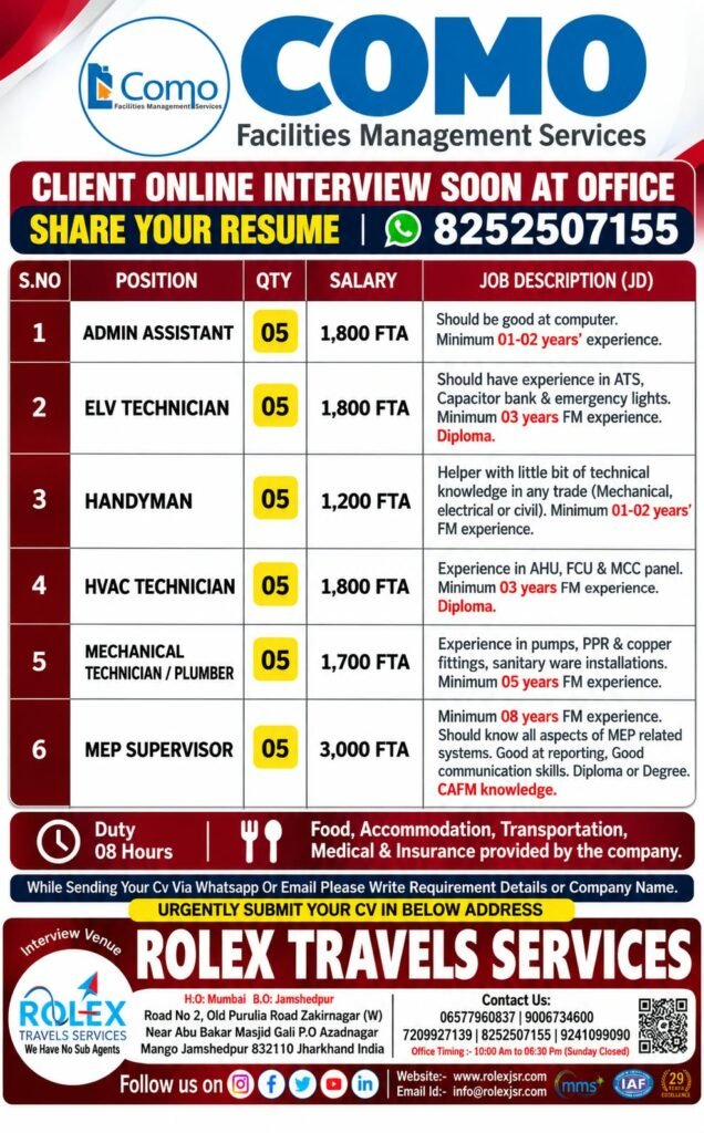 Qatar Jobs 2026: COMO Facilities Management Hiring Qatar Jobs 2026: COMO Facilities Management Hiring