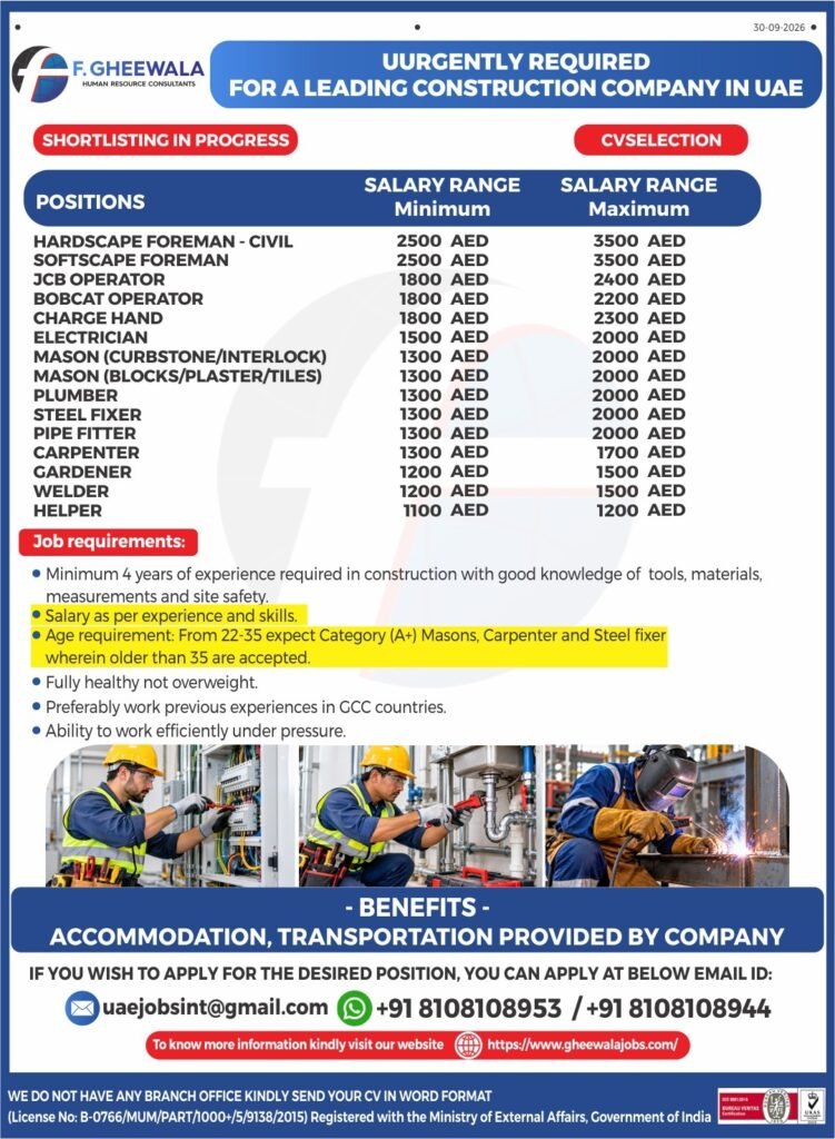 UAE Construction Company Jobs 2026 – Foreman, JCB Operator, Electrician, Mason, Plumber and Welder Vacancies