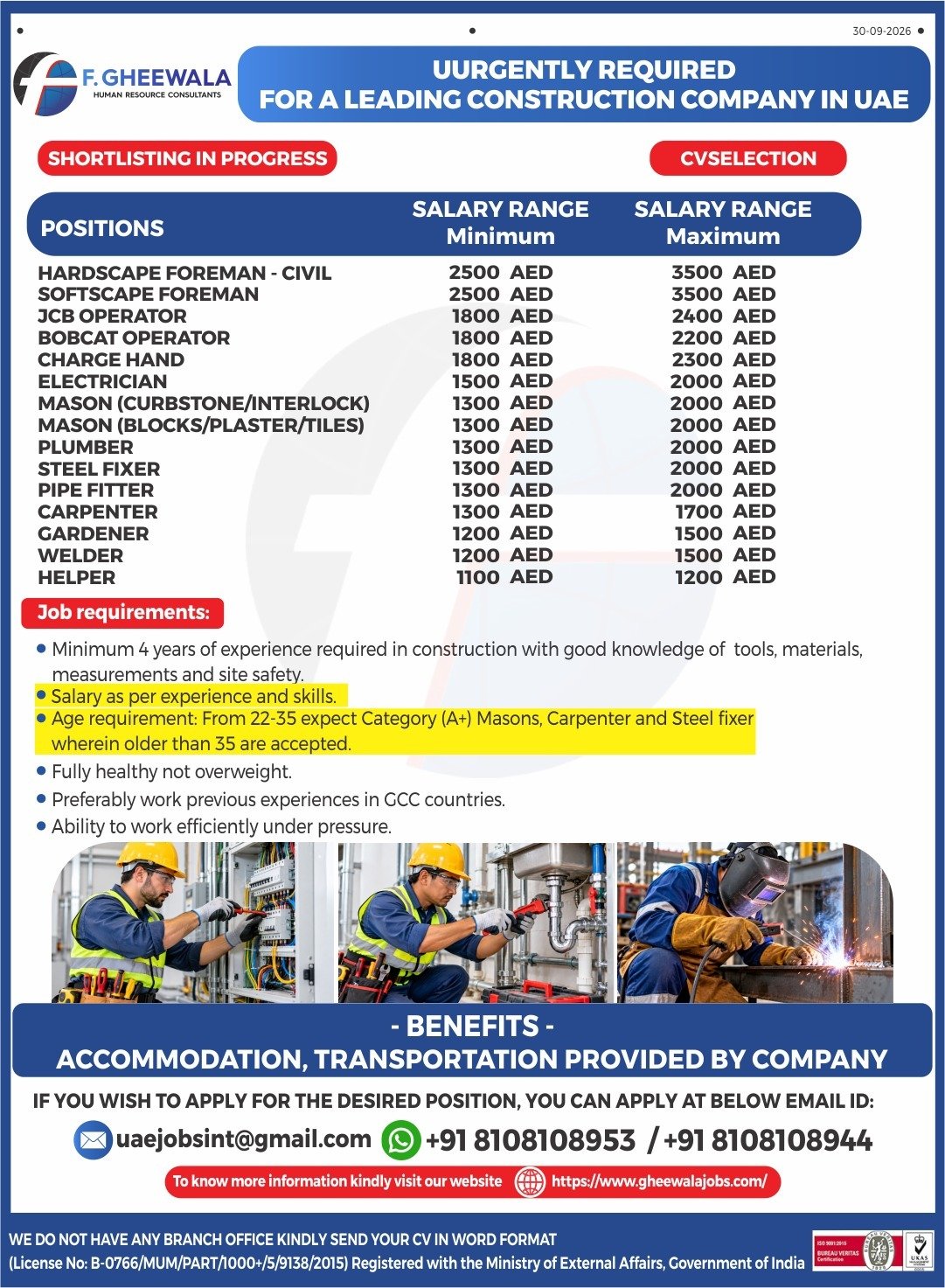 UAE Construction Company Jobs 2026 – Foreman, JCB Operator, Electrician, Mason, Plumber and Welder Vacancies