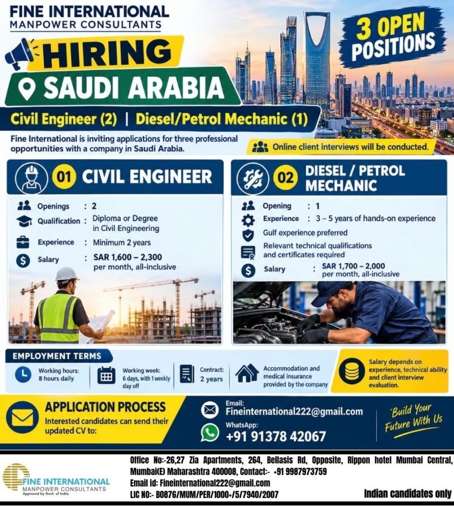 Saudi Arabia Jobs 2026: Civil Engineers and Diesel/Petrol Mechanics Required Saudi Arabia Jobs 2026: Civil Engineers and Diesel/Petrol Mechanics Required