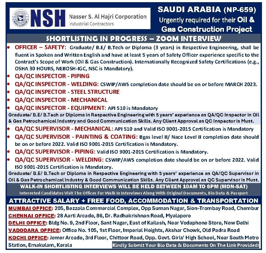 Saudi Arabia Oil and Gas Jobs 2026: NSH Corporation Recruitment for QA/QC and Safety Professionals