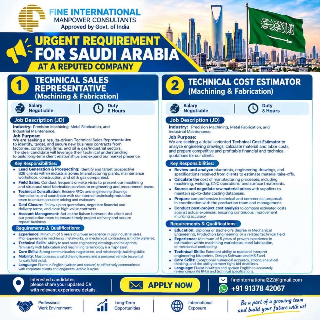 Saudi Arabia job vacancies – Technical sales representative and cost estimator