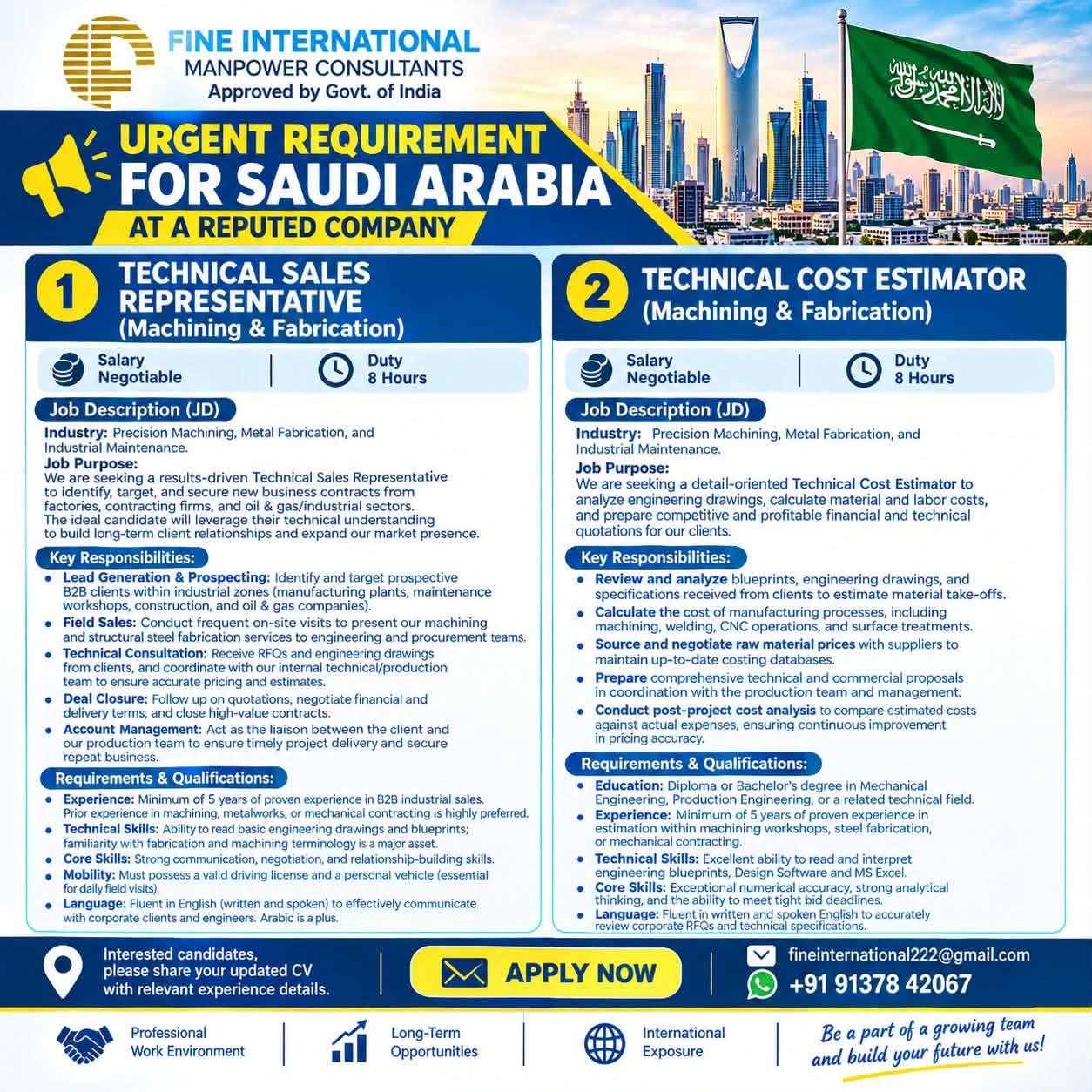 Saudi Arabia job vacancies – Technical sales representative and cost estimator
