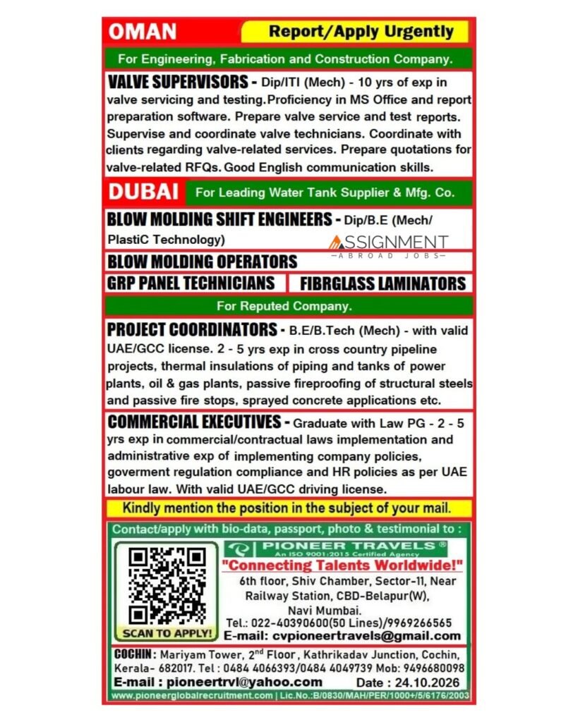 Urgent Recruitment For Oman & Dubai