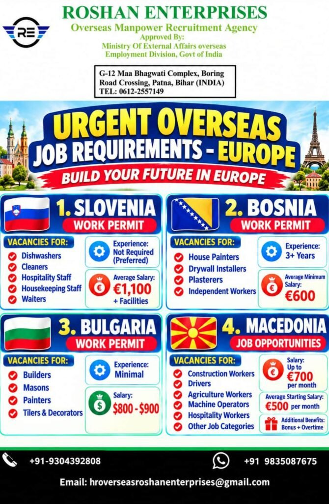 Europe Jobs 2026: Urgent Vacancies in Slovenia, Bosnia, Bulgaria and Macedonia
