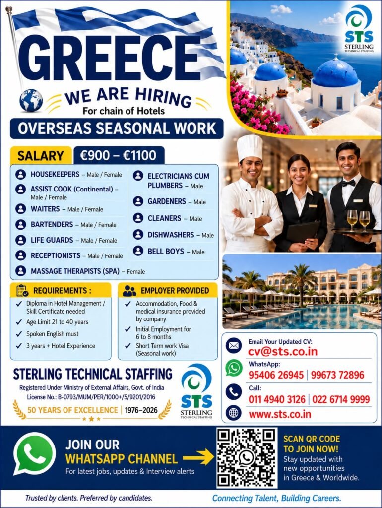Greece Seasonal Jobs 2026 – Urgent Hiring for Hotel Staff, Housekeepers, Waiters, Chefs and Other Positions