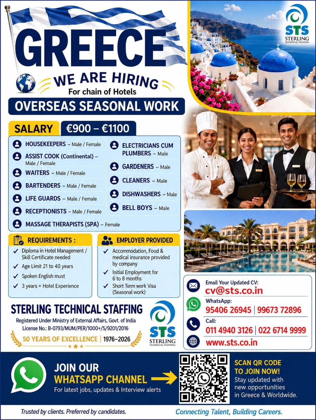 Greece Seasonal Jobs 2026 – Urgent Hiring for Hotel Staff, Housekeepers, Waiters, Chefs and Other Positions