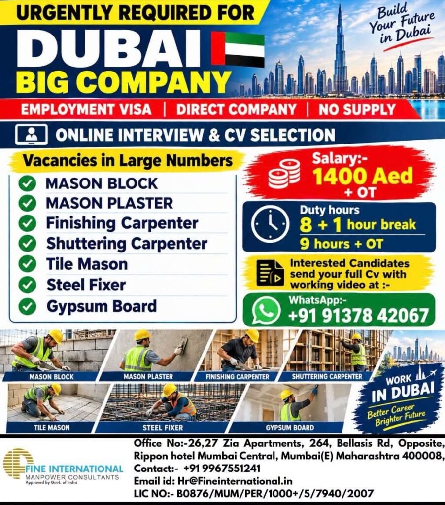 Dubai Jobs 2026: Construction Workers Hiring for Mason, Carpenter, Steel Fixer and Gypsum Board Positions
