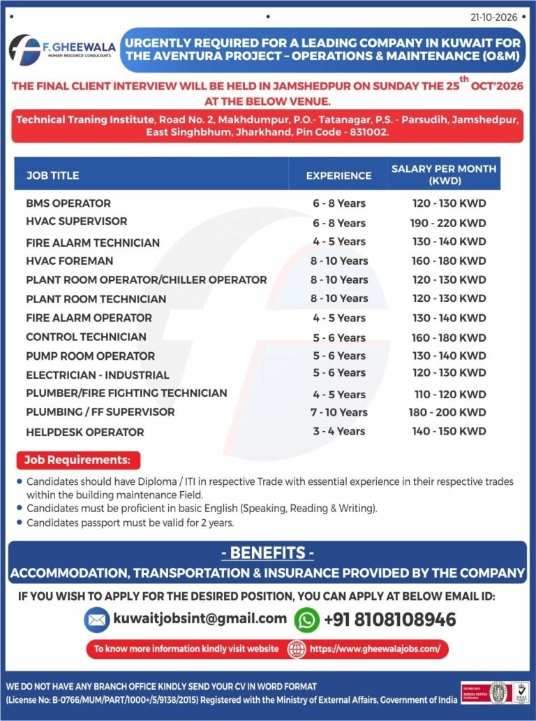 Kuwait Jobs 2026: Aventura Project O&M Vacancies with Salary Up to 220 KWD