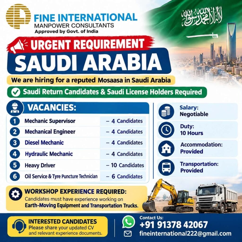 Saudi Arabia Jobs 2026: Urgent Vacancies for Mechanics, Engineers, Drivers and Technicians