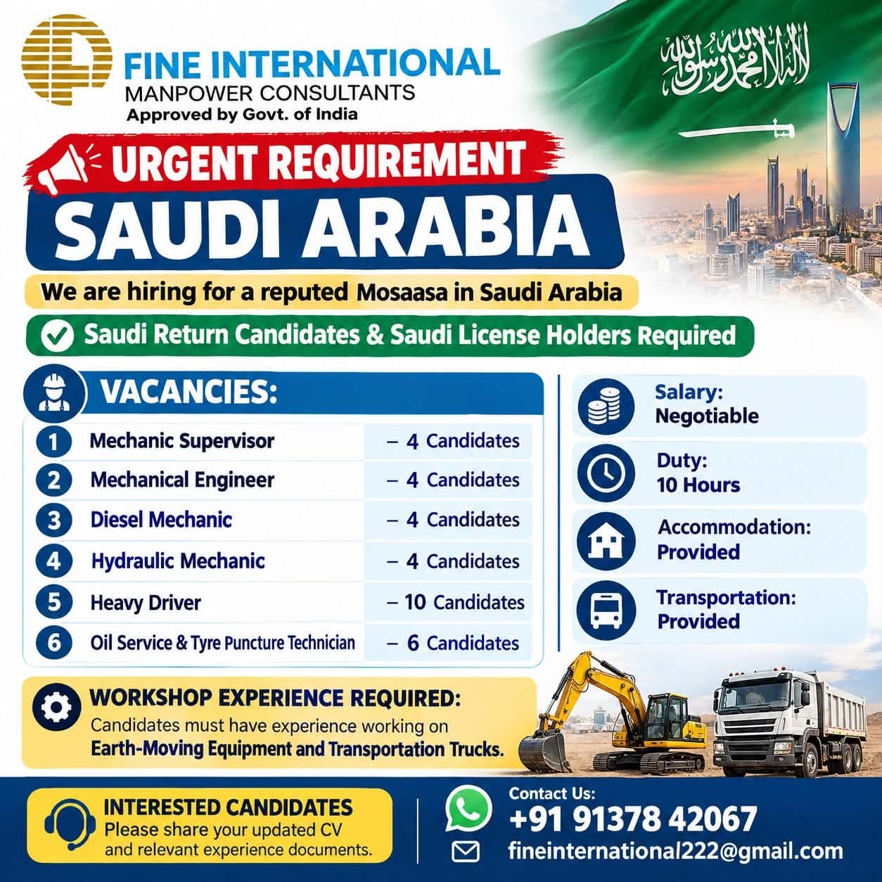 Saudi Arabia Jobs 2026: Urgent Vacancies for Mechanics, Engineers, Drivers and Technicians