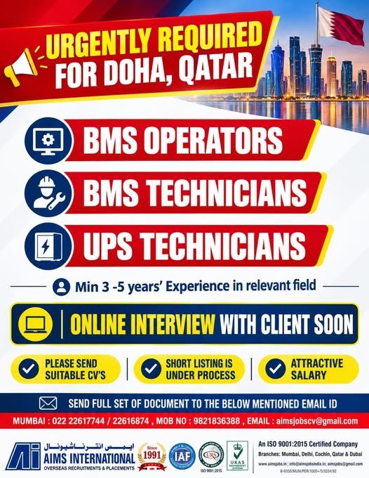 Qatar Jobs 2026 – BMS Operators, BMS Technicians and UPS Technicians Hiring in Doha Qatar Jobs 2026 – BMS Operators, BMS Technicians and UPS Technicians Hiring in Doha