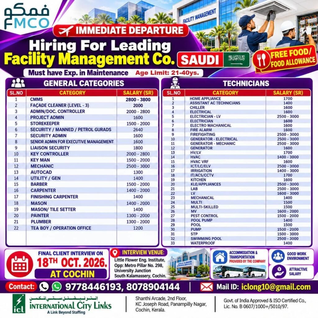 Saudi Arabia Facility Management Jobs 2026 – Maintenance Vacancies Saudi Arabia Facility Management Jobs 2026 – Maintenance Vacancies