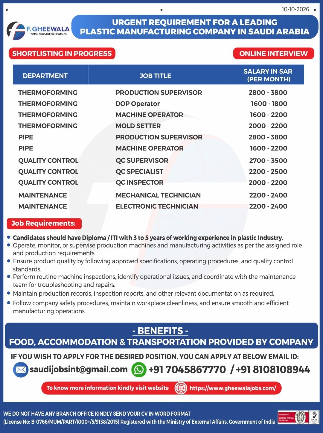 Saudi Arabia Jobs 2026: Plastic Manufacturing Company Hiring 