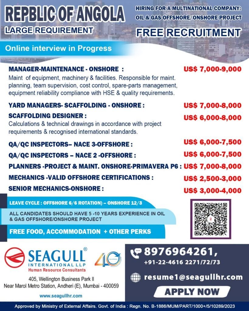 Angola Oil & Gas Jobs 2026 – Free Recruitment for Offshore and Onshore Projects 