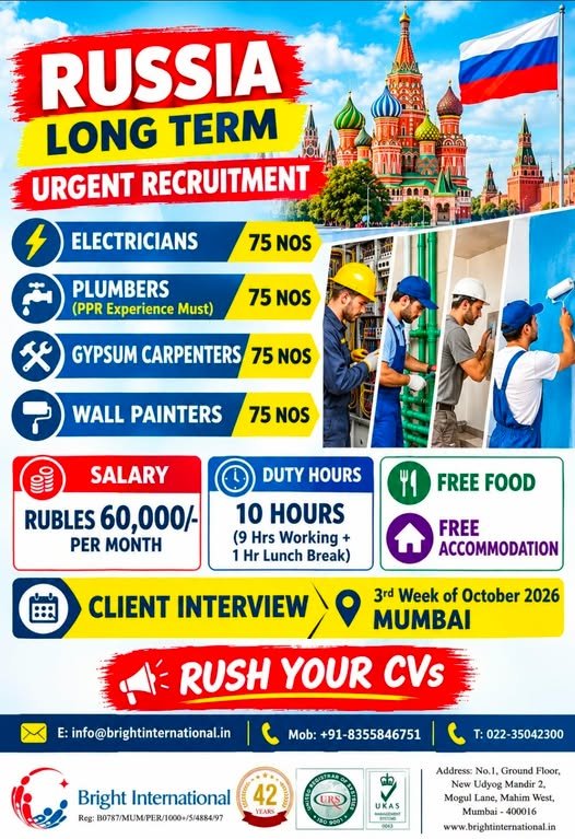 Russia Jobs 2026 – Urgent Recruitment for Electricians, Plumbers, Gypsum Carpenters and Wall Painters