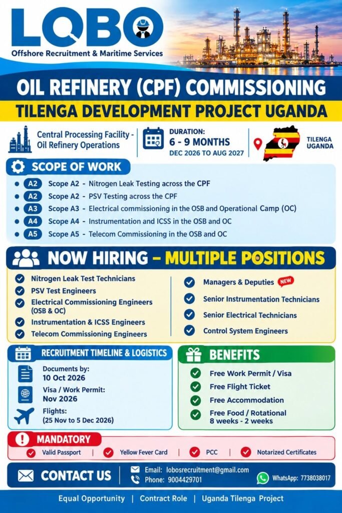 Oil Refinery CPF Commissioning Jobs in Uganda 2026 – Apply Now