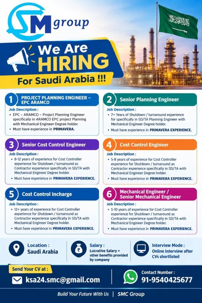 Hiring Engineering & Cost Control professionals for Saudi Arabia