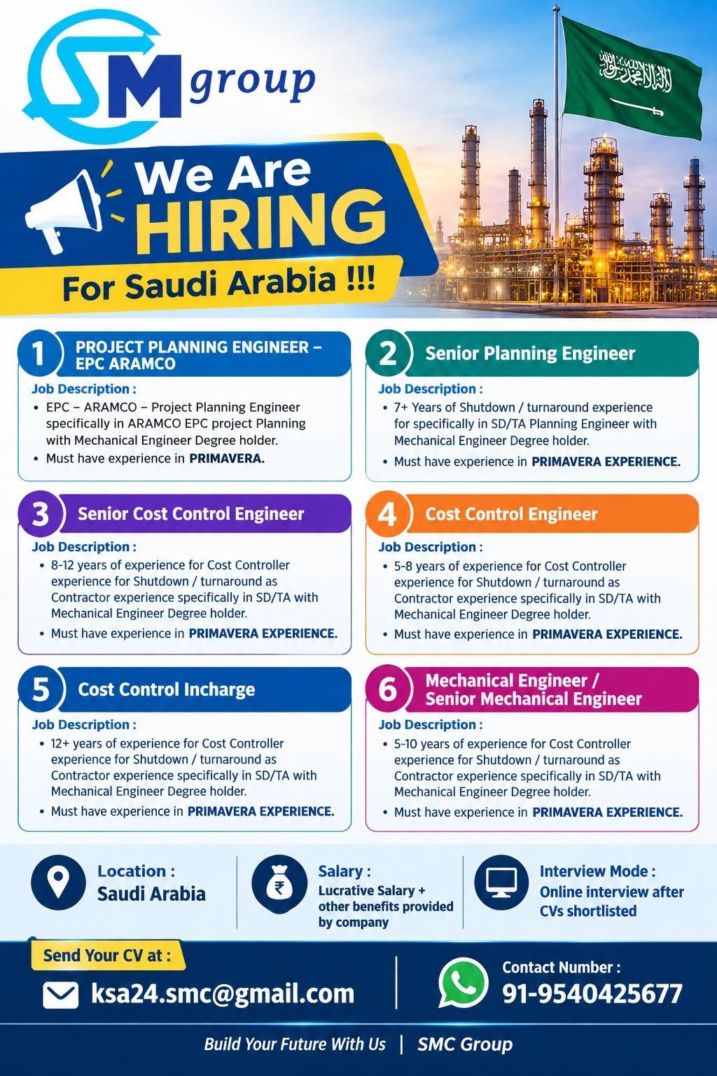 Hiring Engineering & Cost Control professionals for Saudi Arabia