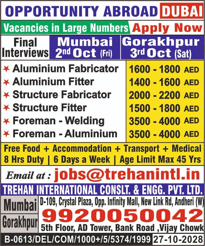 Dubai Jobs 2026: Aluminium Fabricator, Structure Fabricator, Fitters and Foreman Vacancies