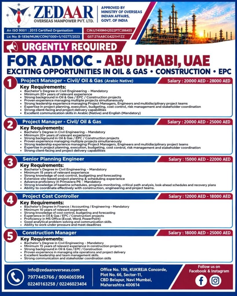 UAE Jobs 2026 : Hiring For Oil & Gas, Construction, and EPC sectors