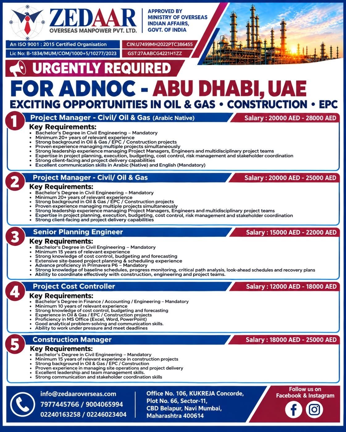 UAE Jobs 2026 : Hiring For Oil & Gas, Construction, and EPC sectors