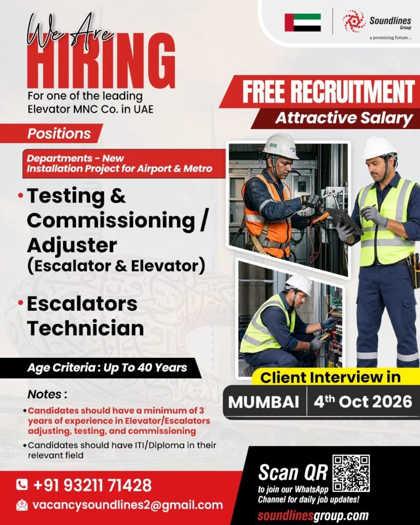 Hiring For one of the leading Elevator MNC Co. in UAE