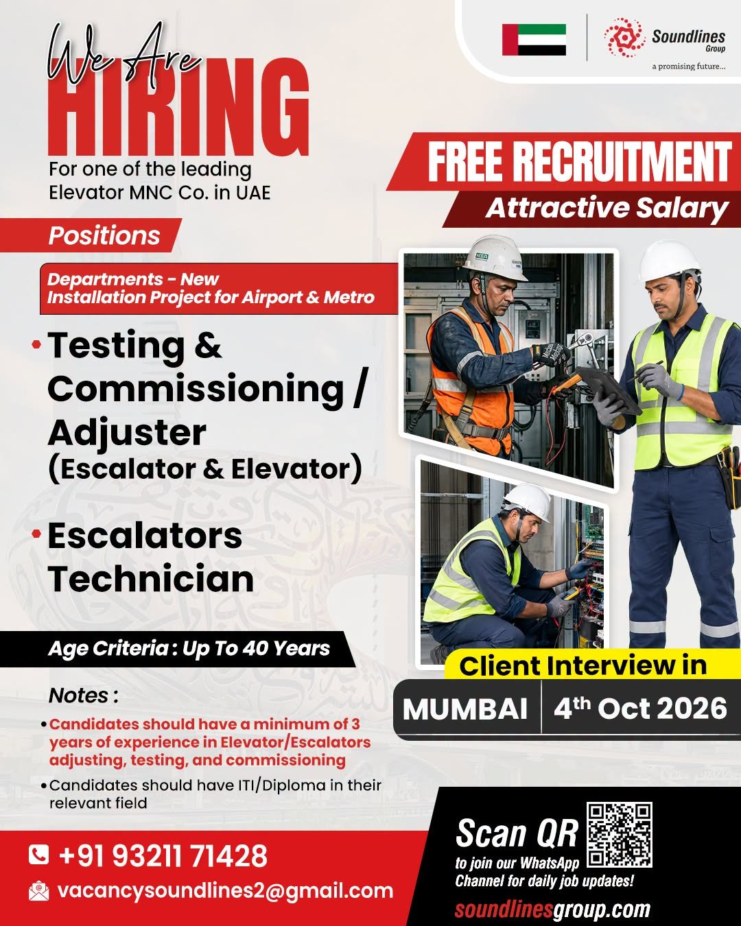 Hiring For one of the leading Elevator MNC Co. in UAE