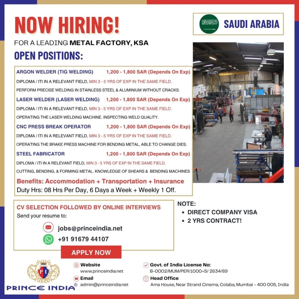 Hiring for a leading Metal Factory in Saudi Arabia