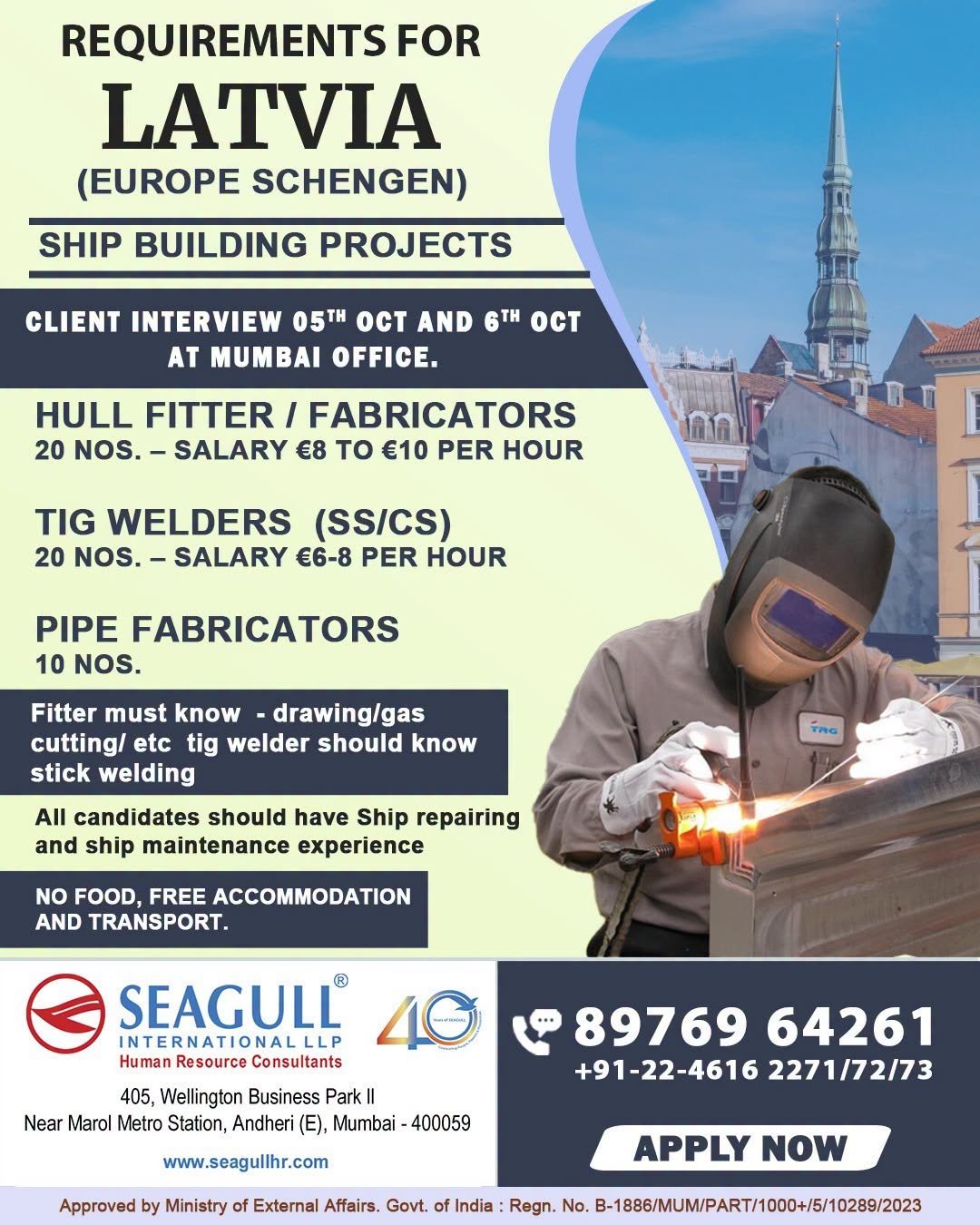 Latvia Jobs 2026 – Shipbuilding Project Recruitment for Hull Fitters, TIG Welders and Pipe Fabricators