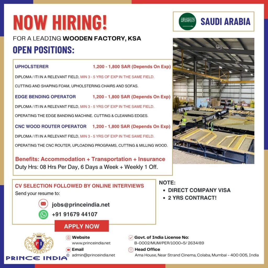 Hiring for a leading Wooden Factory in Saudi Arabia