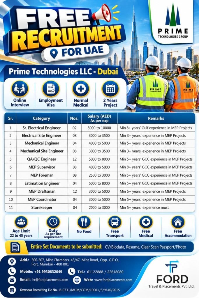 UAE Jobs 2026 | Prime Technologies Dubai MEP Vacancies