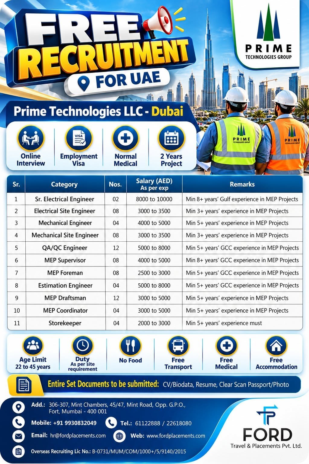 UAE Jobs 2026 | Prime Technologies Dubai MEP Vacancies
