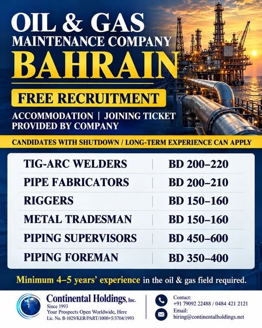 Recruitment For A leading Oil & Gas Maintenance Company in Bahrain
