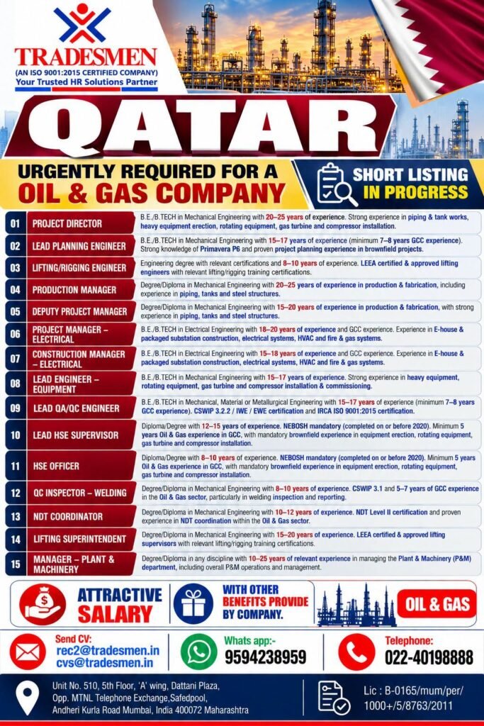 Qatar Jobs 2026 : Urgent Vacancies for A premier Oil and Gas company – Apply Now