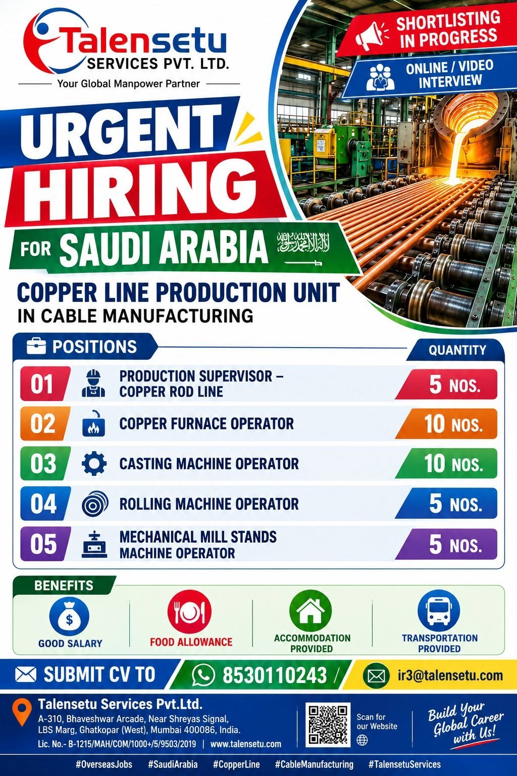 Hiring for Saudi Arabia  - Copper Line Production Unit