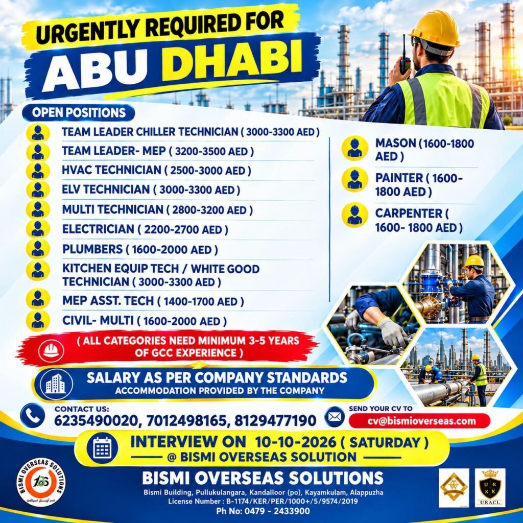 Abu Dhabi Jobs 2026: MEP, HVAC, Electrical and Civil Vacancies