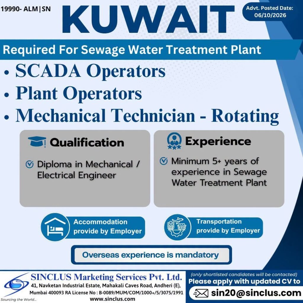 Recruitment For Sewage Water Treatment Plant Project in Kuwait