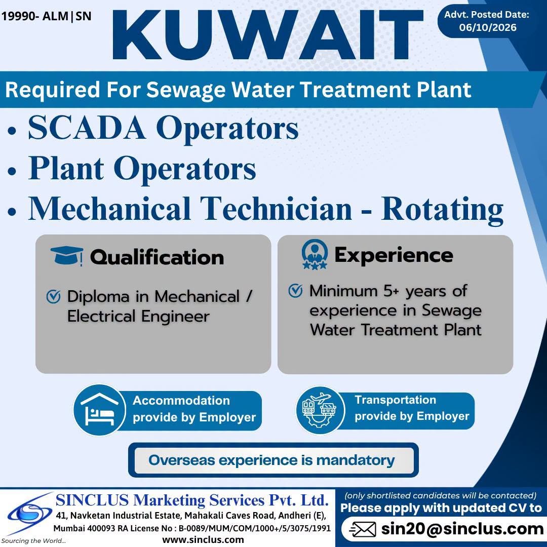 Recruitment For Sewage Water Treatment Plant Project in Kuwait