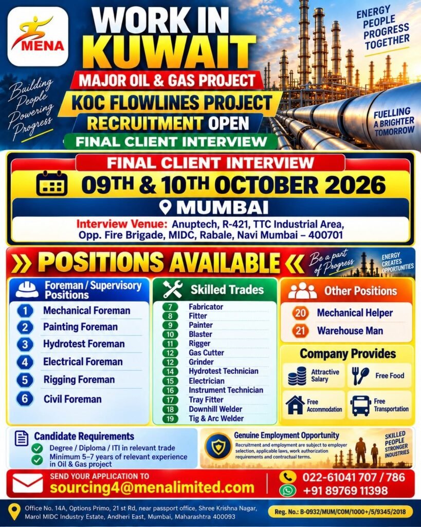 Kuwait : Hiring for a major Oil & Gas / Flowlines Project 