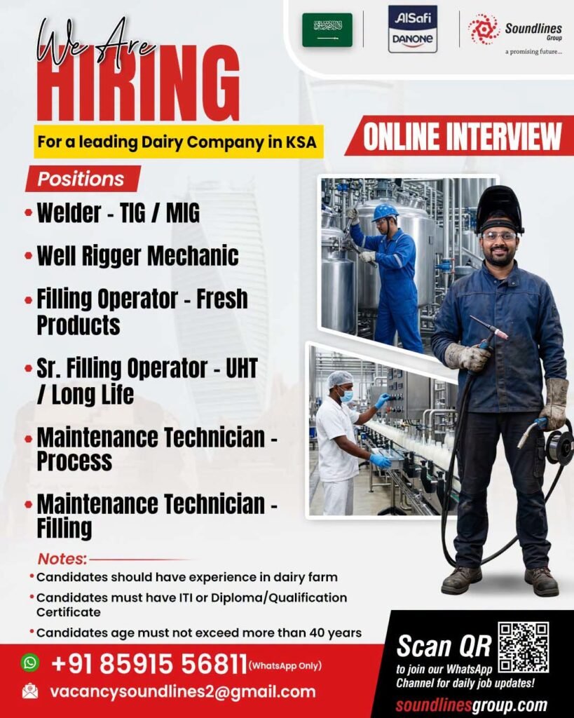 Hiring For a leading Dairy Company in Saudi Arabia