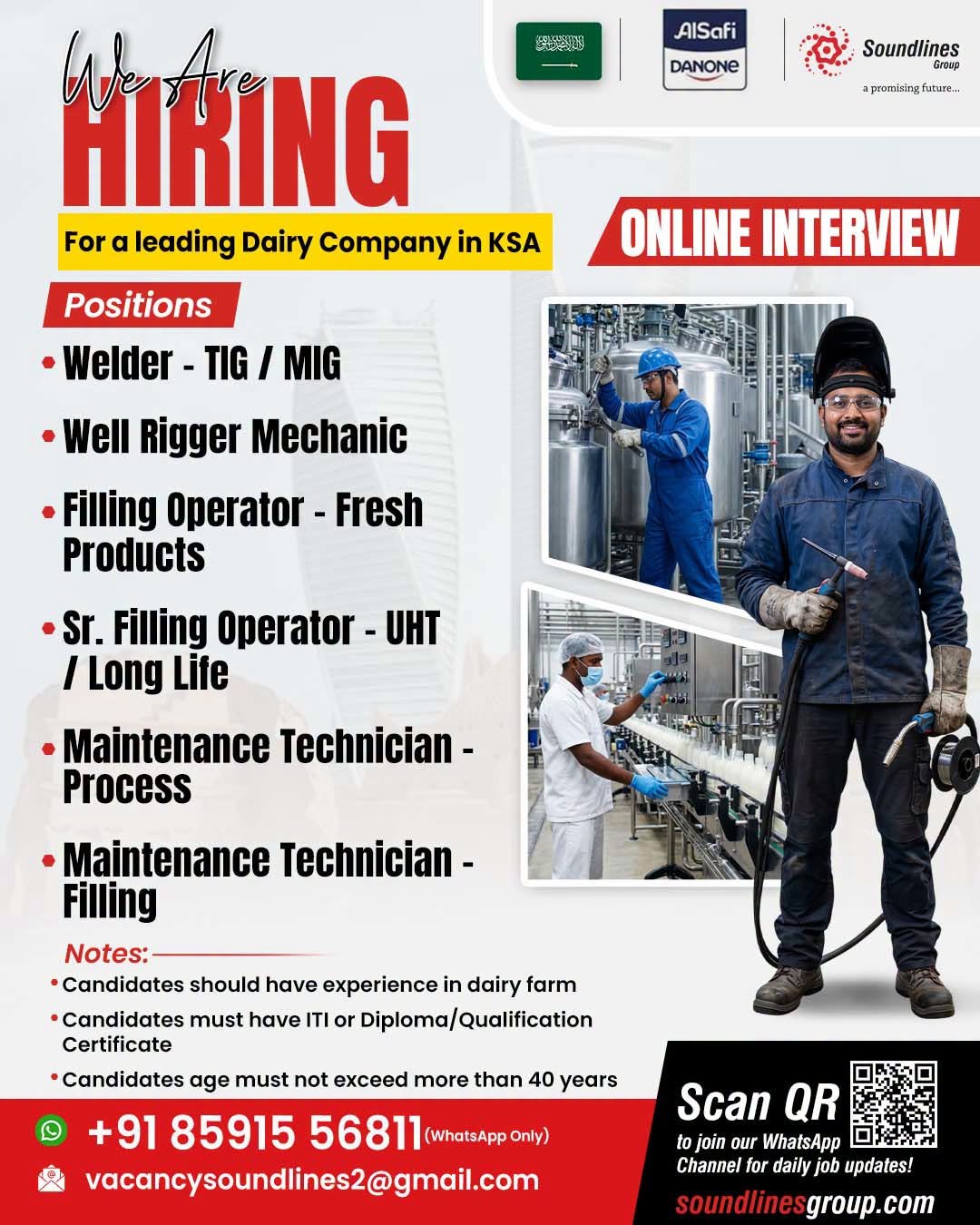 Hiring For a leading Dairy Company in Saudi Arabia