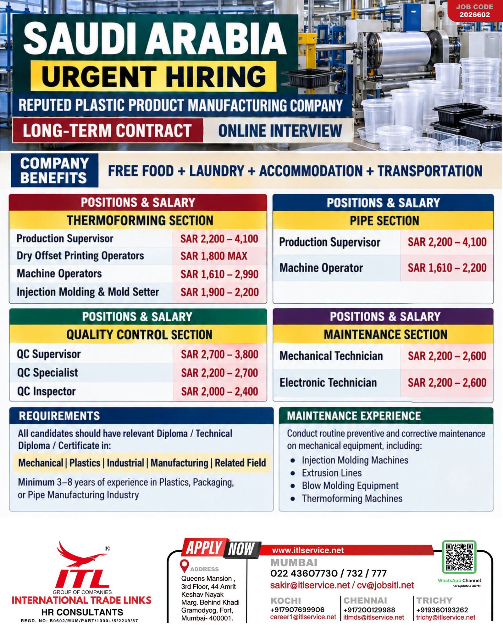Saudi Arabia is urgently hiring for reputed plastic product manufacturing company