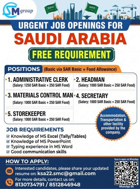 Saudi Arabia Jobs 2026 – Free Recruitment for Administrative & Store Positions