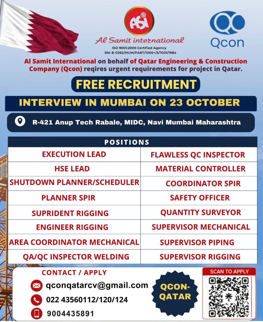 hiring for Qatar Engineering & Construction Company (Qcon) 