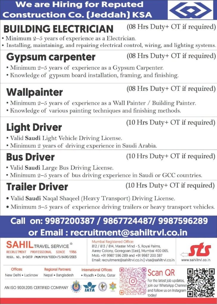 Hiring for Saudi Arabia Reputed company in Dammam - Apply Now