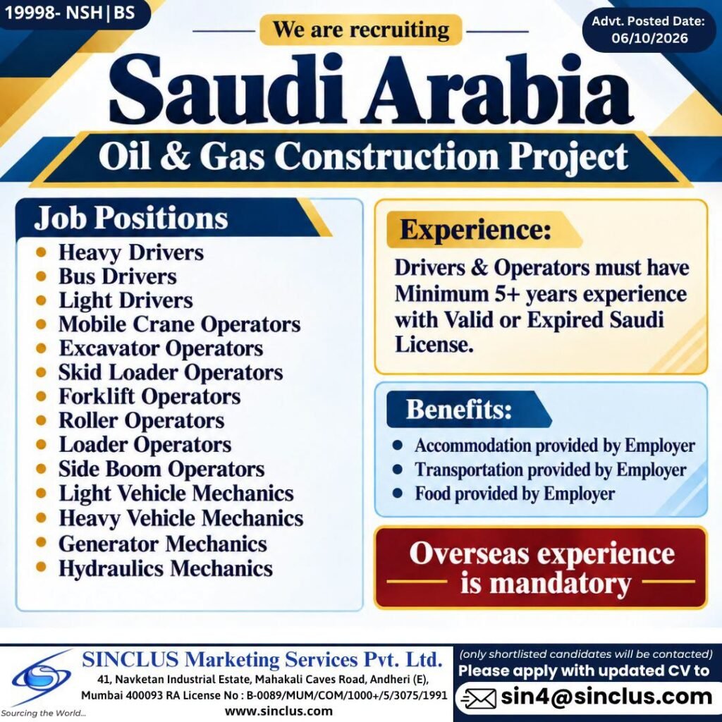 Saudi Arabia Jobs 2026: Oil and Gas Construction Vacancies for Drivers, Operators and Mechanics
